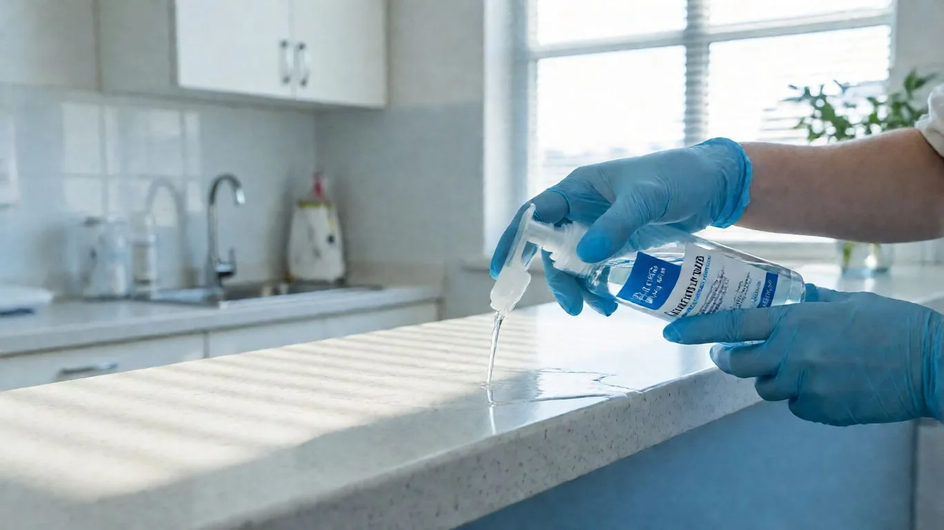 Main gantée désinfectant un comptoir de clinique jusqu’à le faire briller