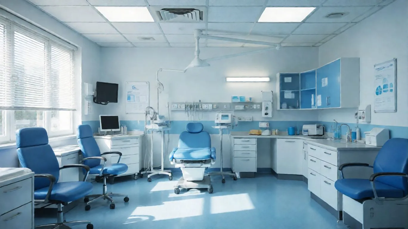 Vue d’ensemble d’un intérieur de clinique impeccable, tons bleus et blancs