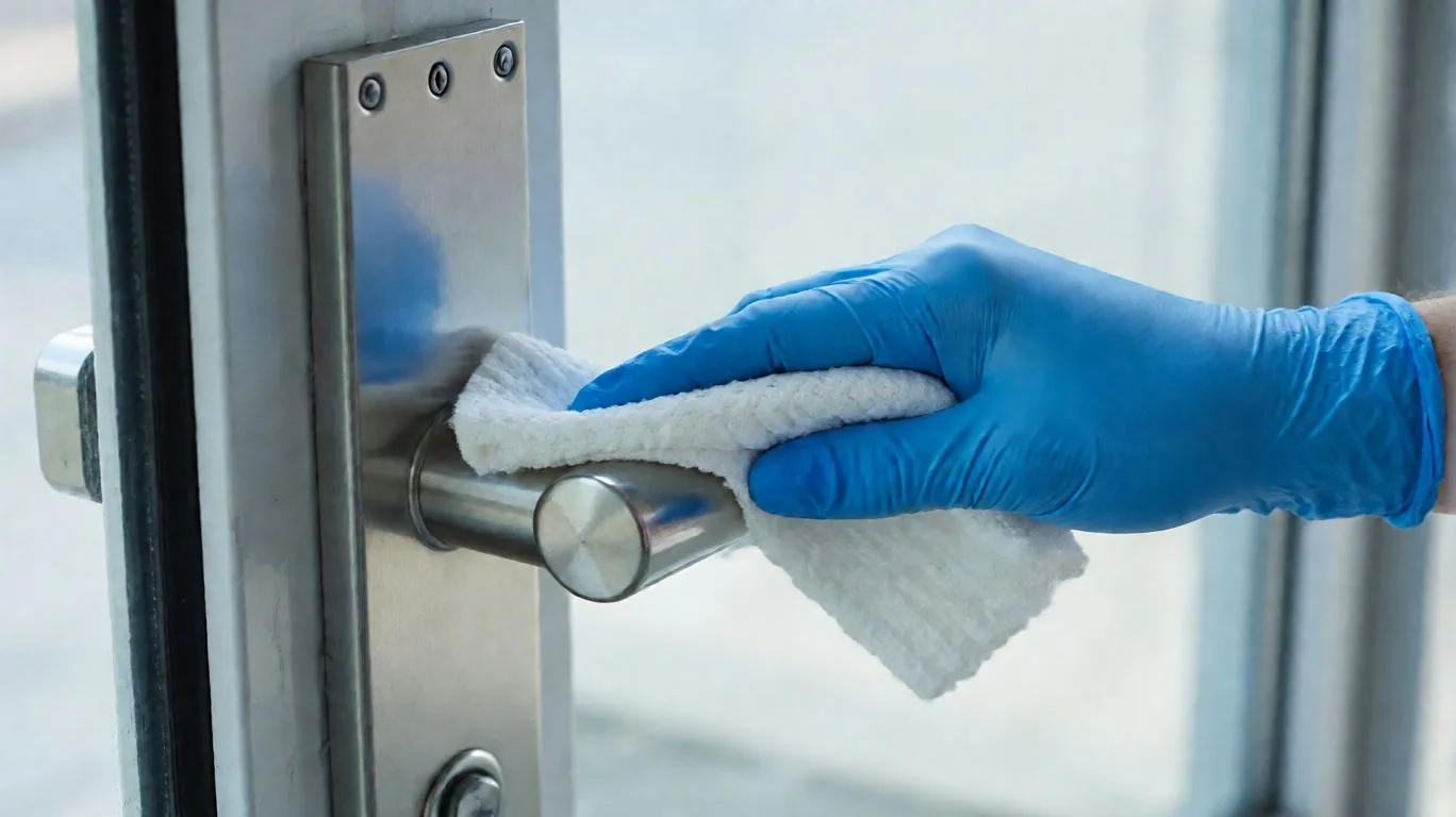 Main gantée de bleu essuyant une poignée de porte en acier inoxydable