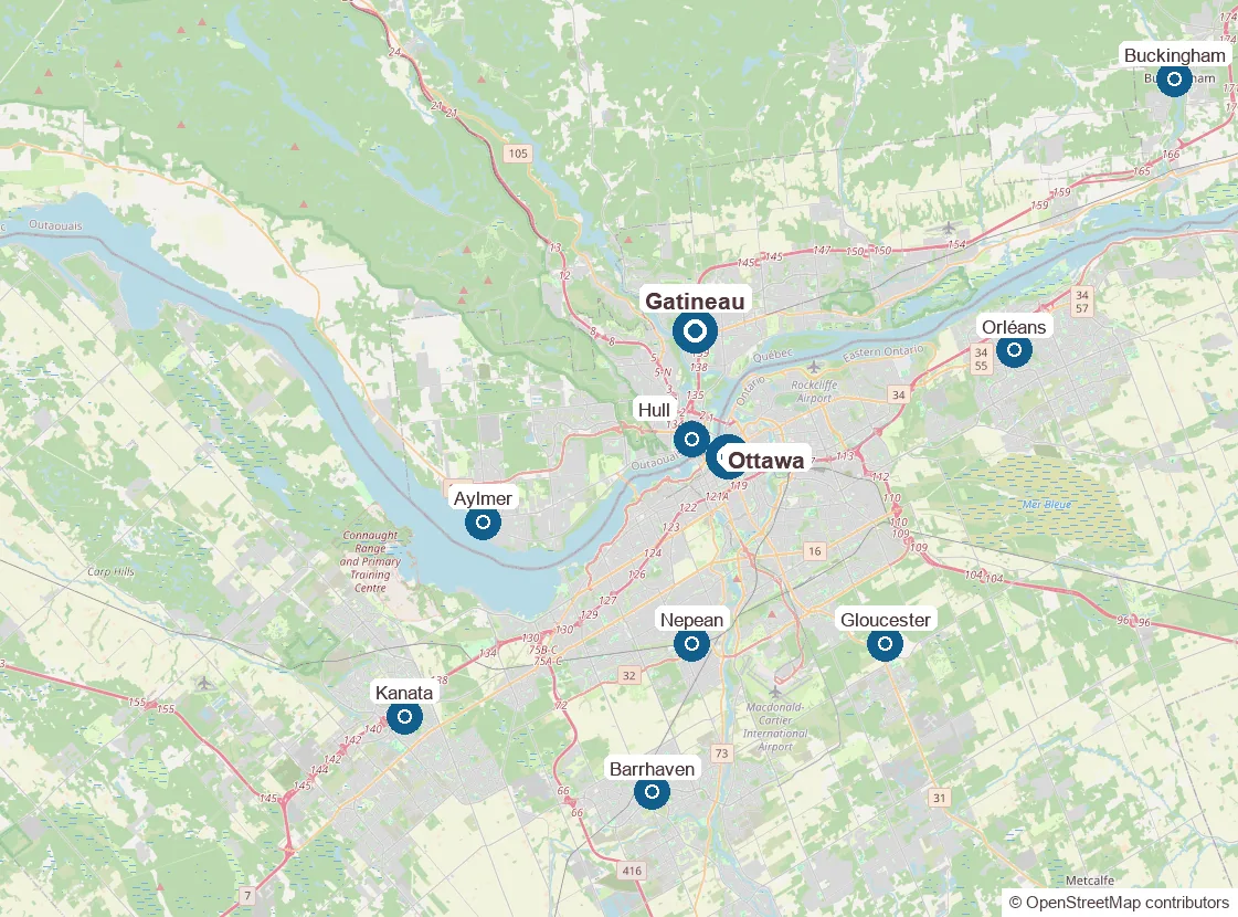 Map of the area Novacare Nettoyage serves: Gatineau, Ottawa and the Outaouais
