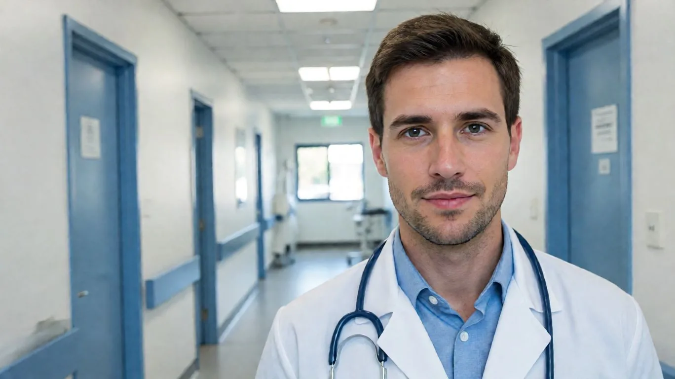 Portrait d’un médecin en sarrau dans un corridor de clinique