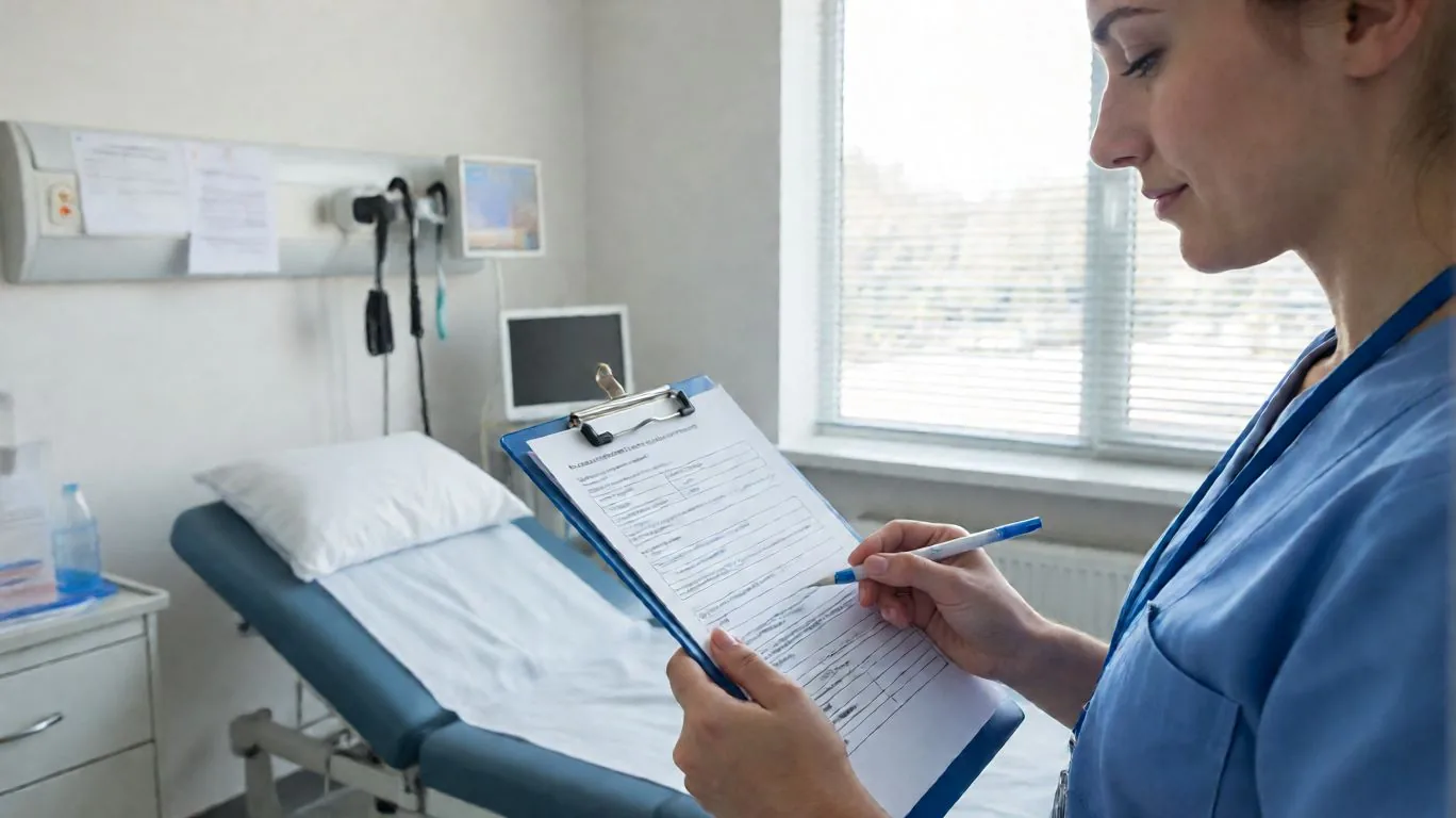 Cleaning technician working through a checklist in an examination room