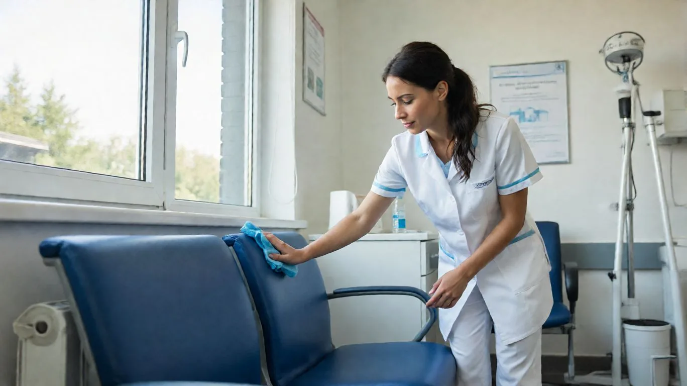 Daily cleaning: technician wiping down waiting-area surfaces
