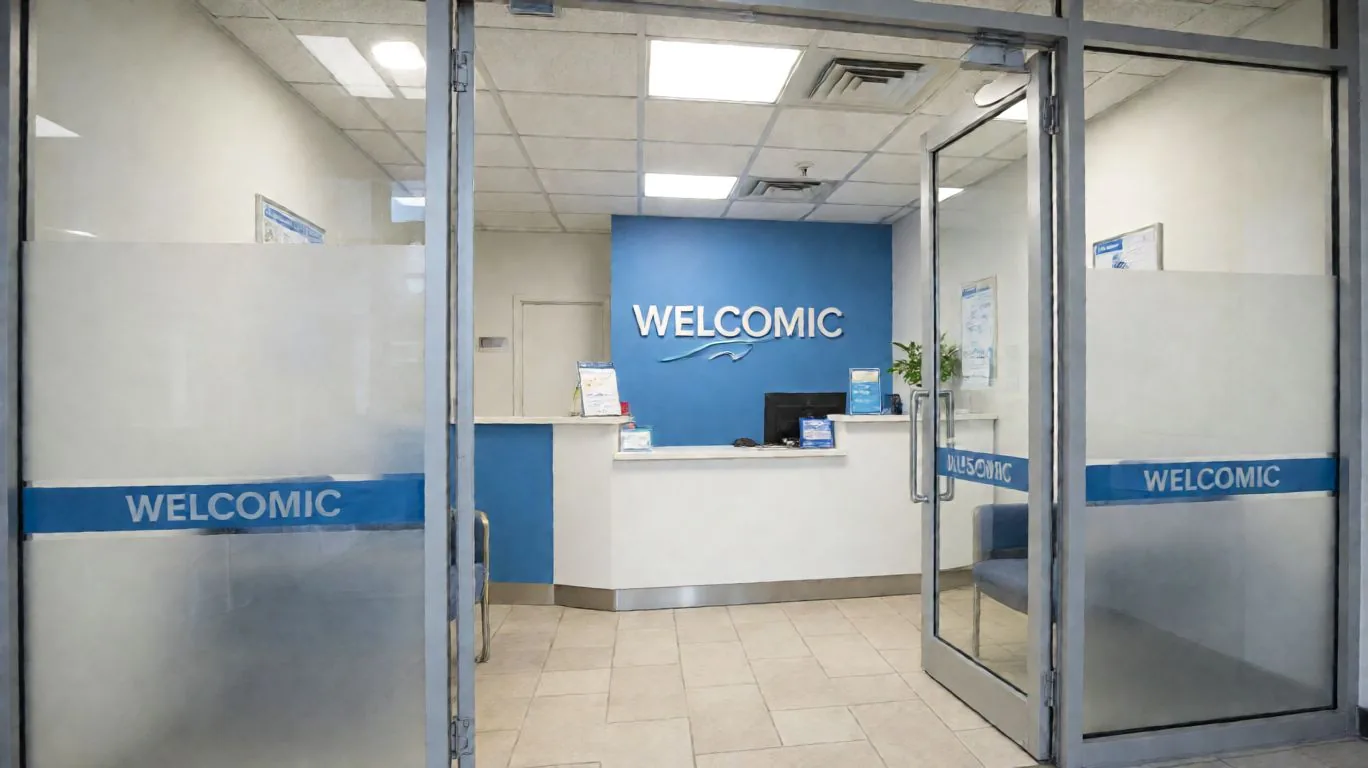 Clinic entrance and reception, clean and welcoming glass doors