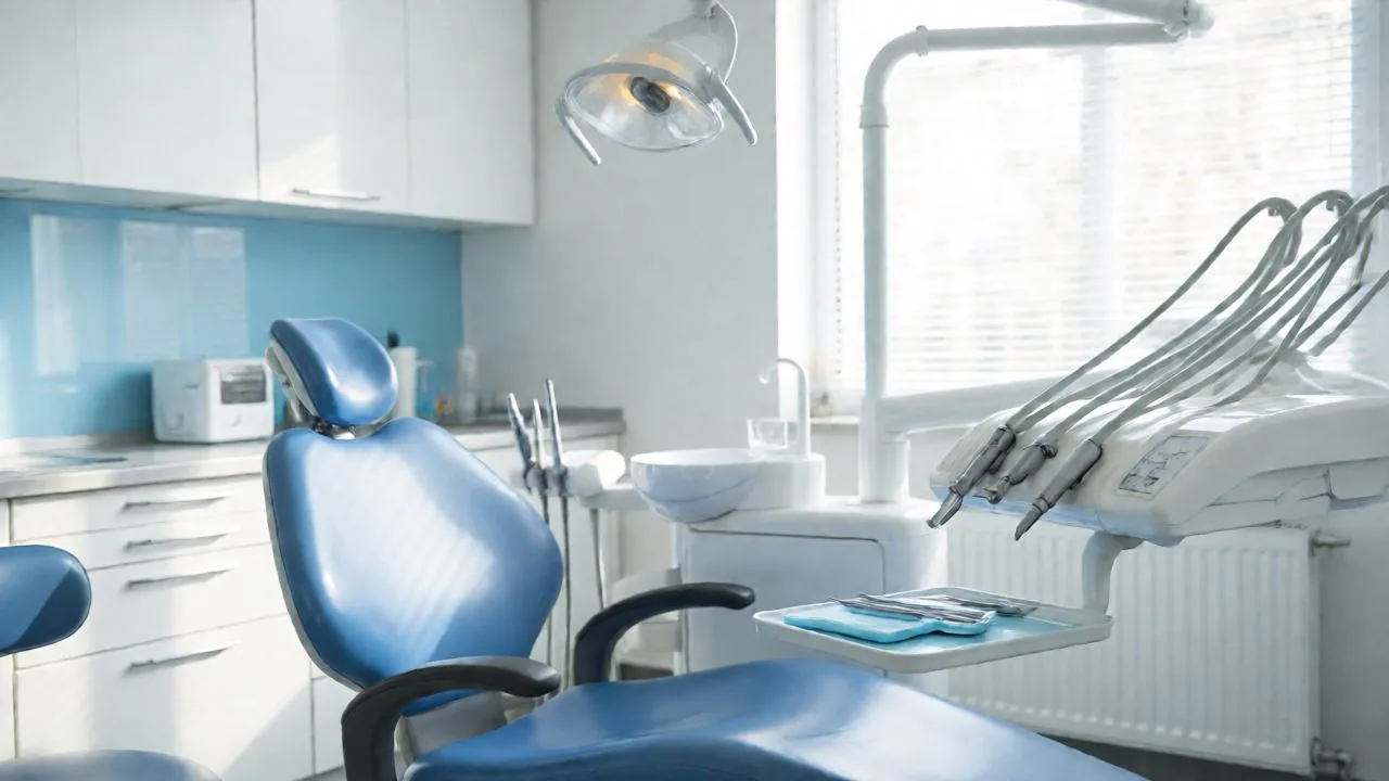 Salle de soins d’une clinique dentaire, fauteuil et plateau d’instruments impeccables