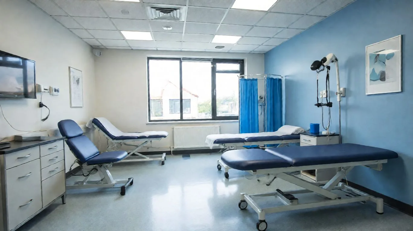 Salle de physiothérapie et de réadaptation, tables de traitement et plancher propre