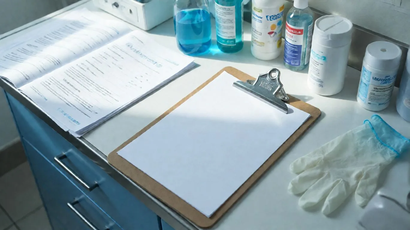 Presse-papiers posé sur un comptoir de clinique à côté de gants et de fournitures