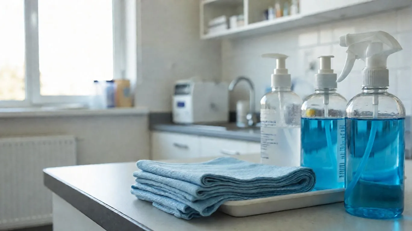 Désinfectants, chiffons en microfibre et vaporisateur disposés sur un comptoir