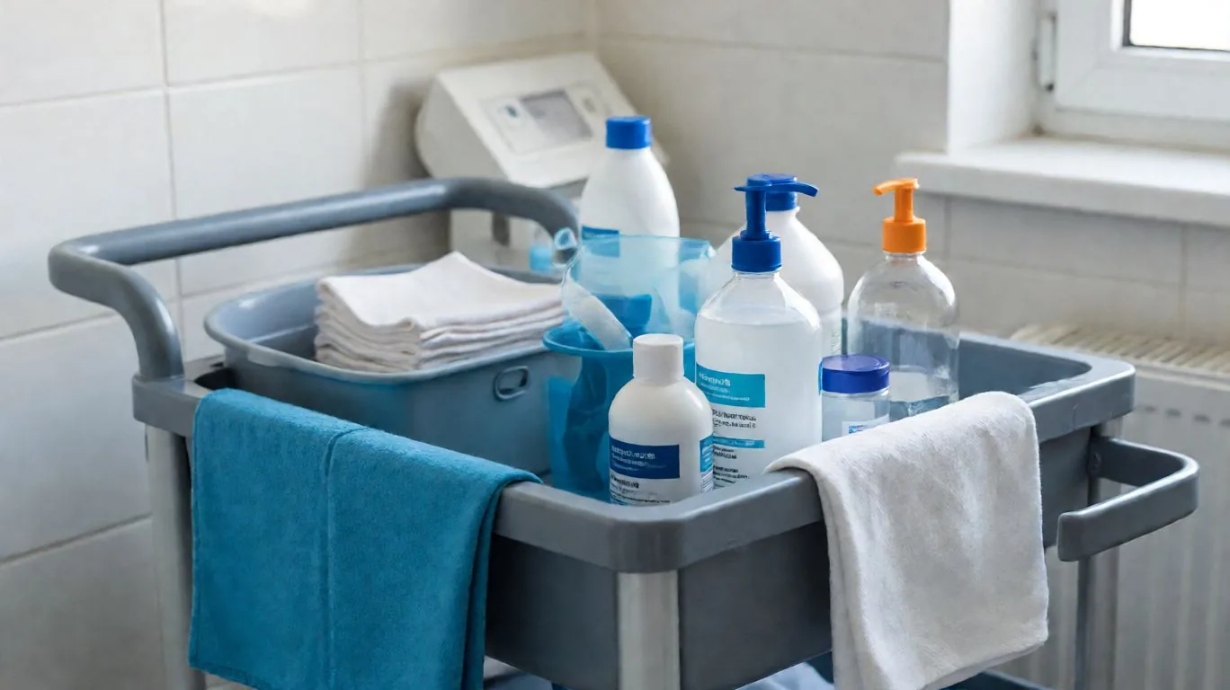 Chariot d’entretien de clinique bien organisé, bouteilles étiquetées et chiffons
