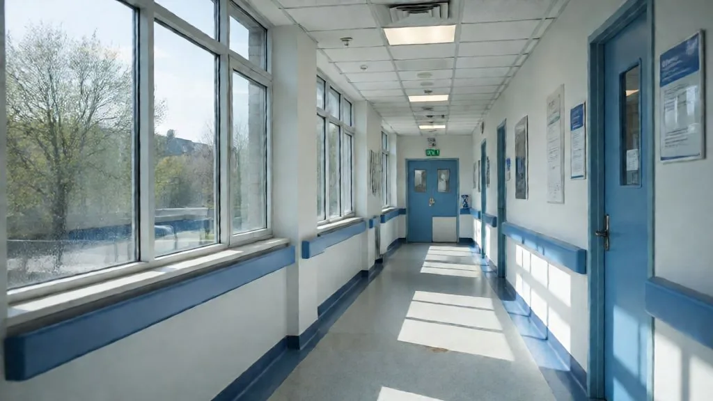 Corridor de clinique ensoleillé après un grand ménage, vitres fraîchement lavées