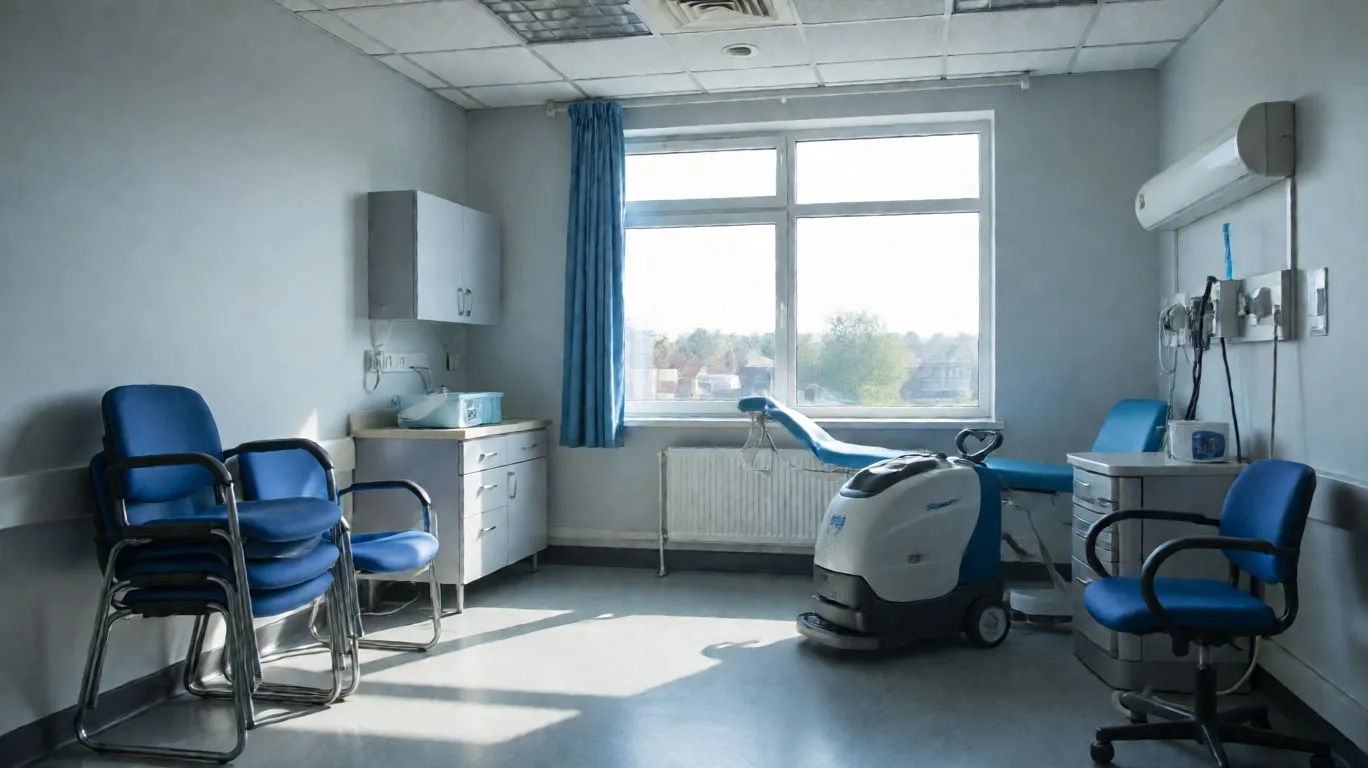 Salle de clinique en plein nettoyage en profondeur, chaises empilées sur le côté