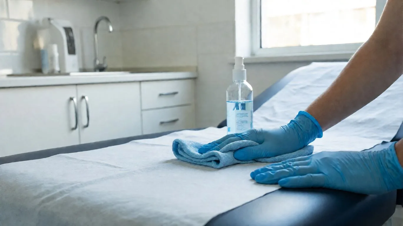 Gloved hands disinfecting an examination table with a microfibre cloth