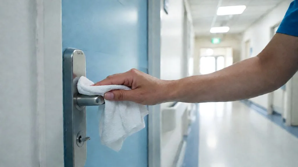 Technician disinfecting a clinic door handle and light switch