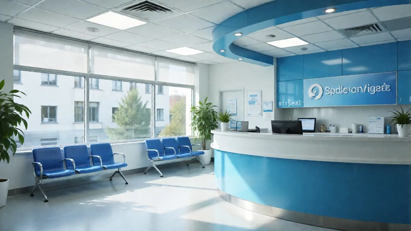 Comptoir de réception et salle d’attente d’une clinique moderne