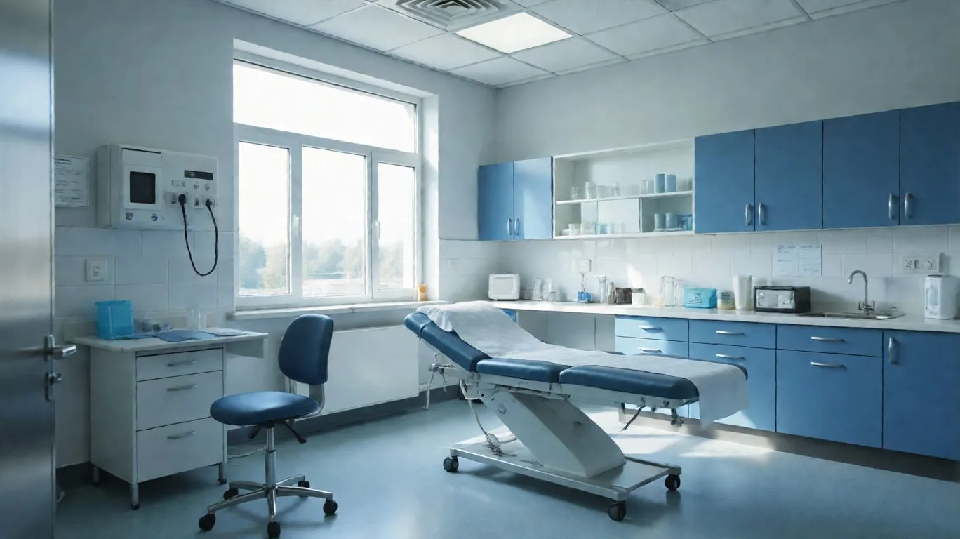 Disinfected examination room, sterile surfaces and natural light