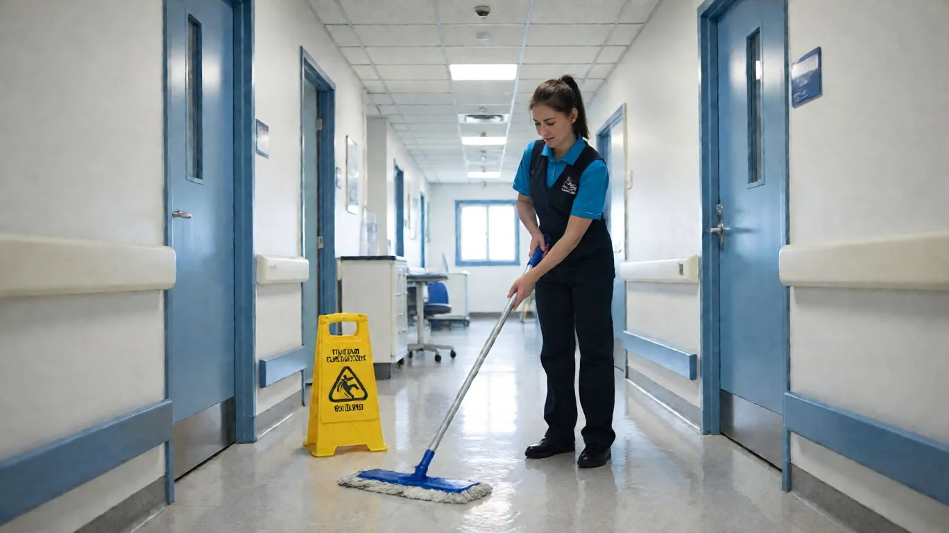 Technicien en uniforme lavant le plancher d’un corridor de clinique