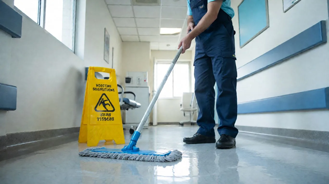 Technician mopping a clinic floor with a flat mop