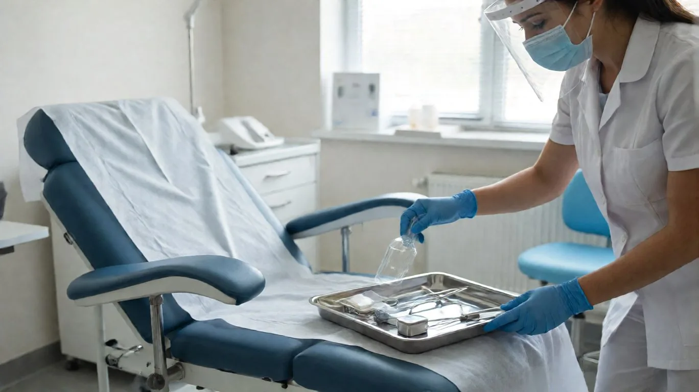 Technicien en gants et masque désinfectant une table d’examen et un plateau d’instruments
