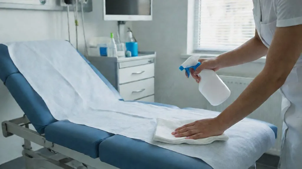 Disinfecting an examination table with spray and cloth