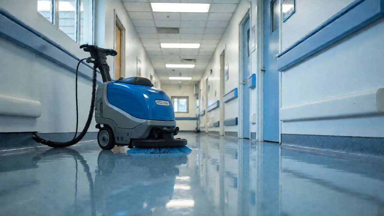 Autolaveuse polissant le plancher d’un corridor de clinique