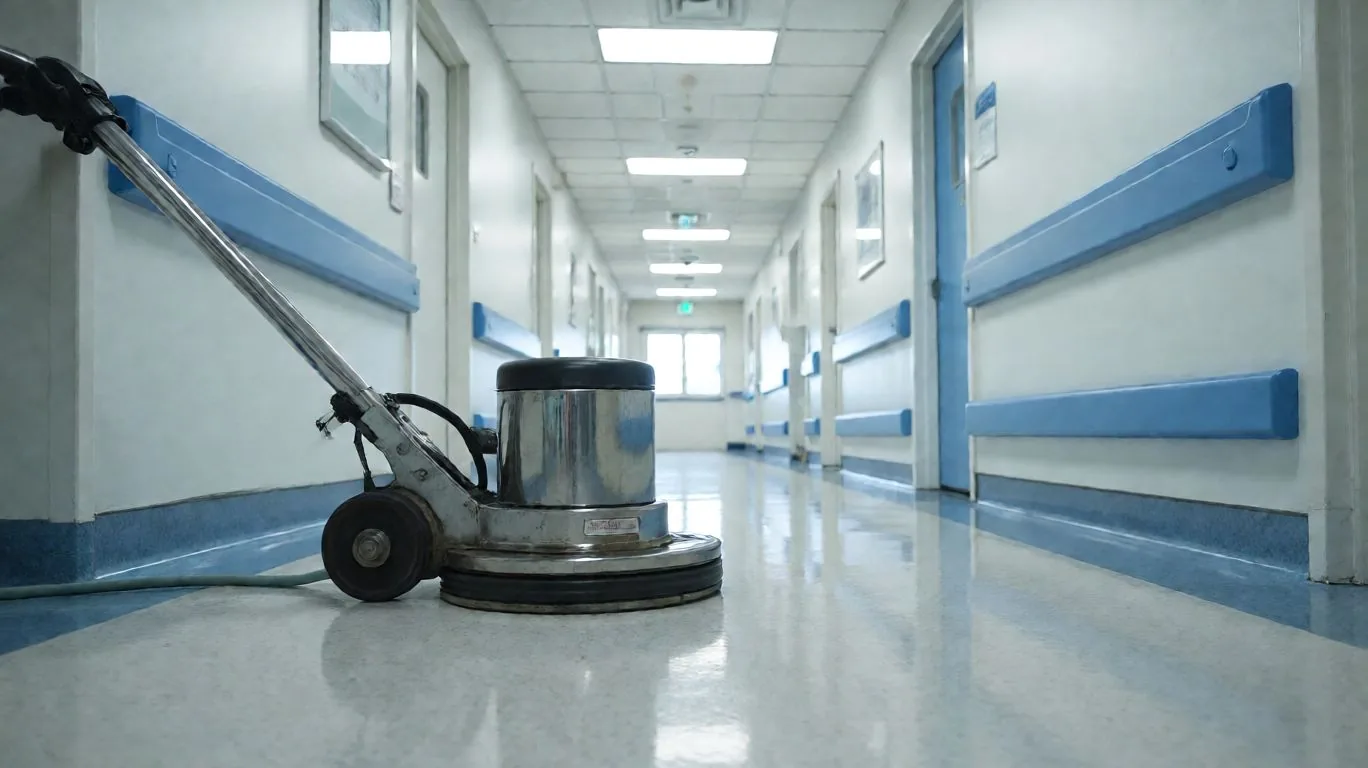 Floor polisher restoring the shine to a clinic corridor