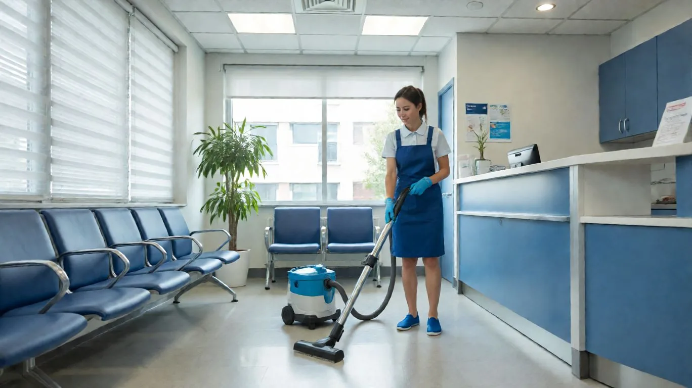 Professionnel d’entretien remettant en ordre la réception et l’aire d’attente