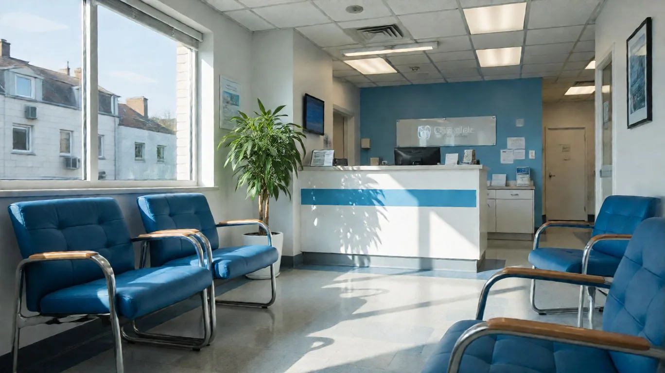 Immaculate clinic waiting area, blue chairs and polished vinyl floor
