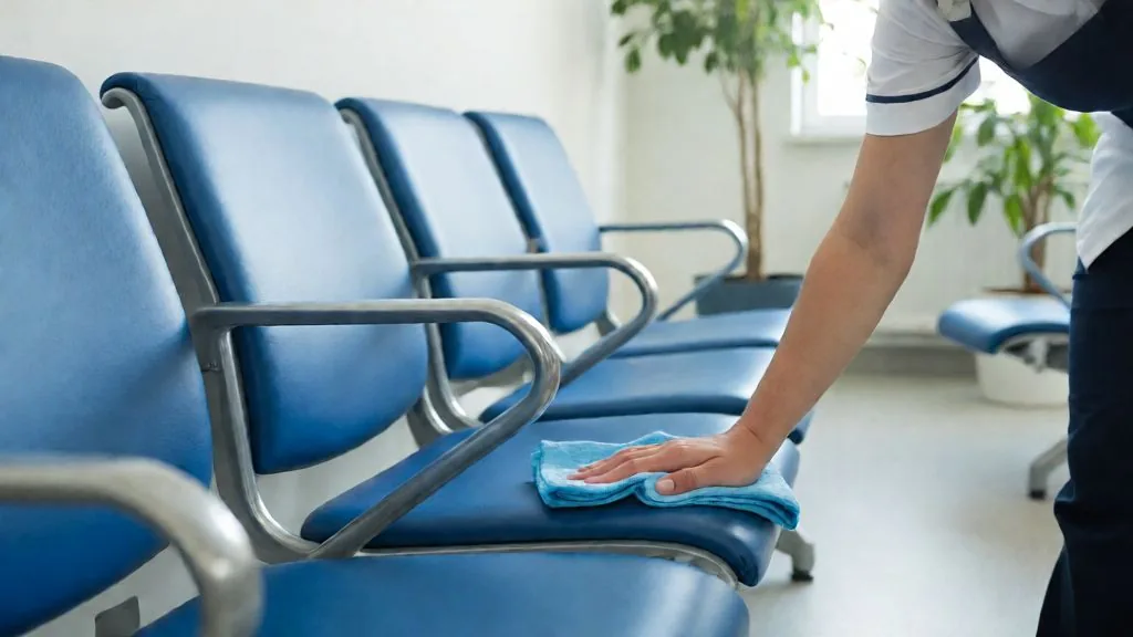 Technician disinfecting a clinic door handle and light switch