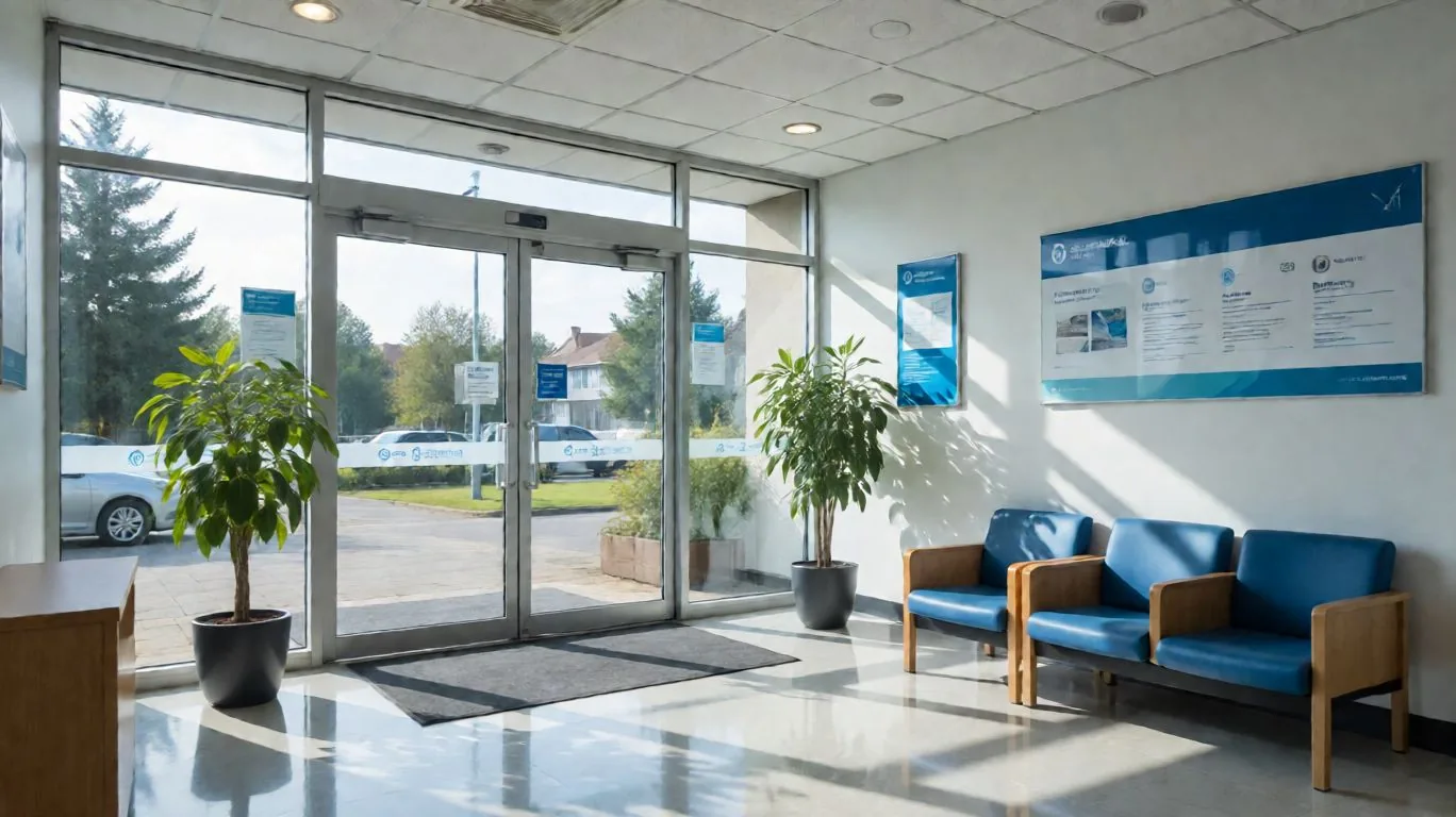 Hall de polyclinique, portes vitrées et plancher fraîchement nettoyés