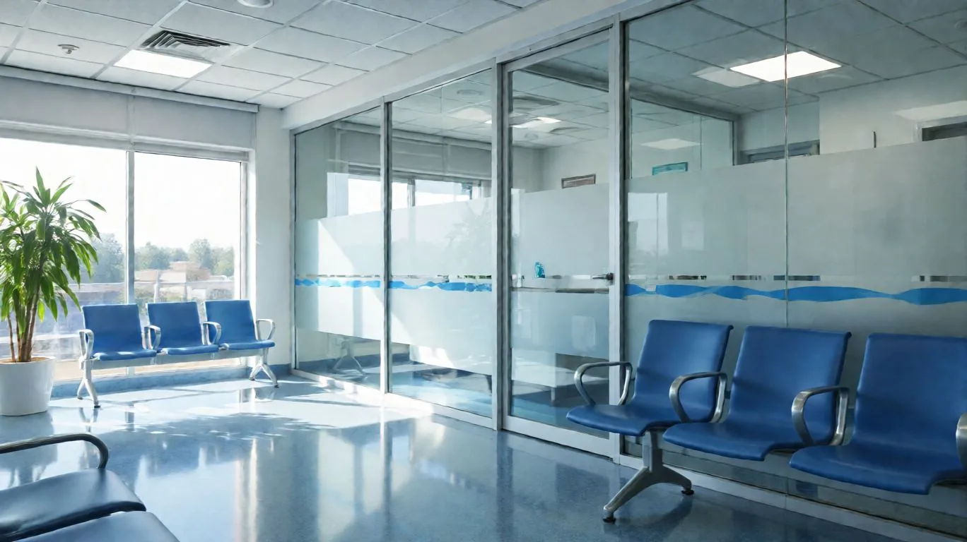 Polyclinic waiting area with gleaming floor and spotless glass partitions